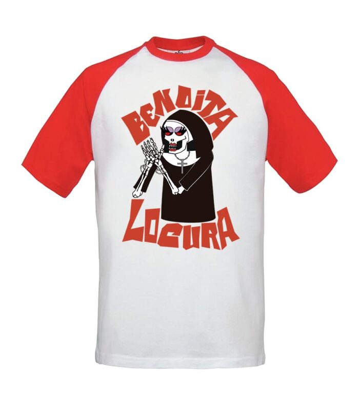 Camiseta beisbolera - Bendita locura - Blanca con mangas rojas