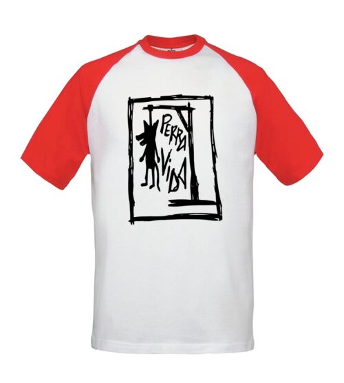 Camiseta beisbolera - Perra Vida - Dibujo en negro - Blanca con mangas rojas