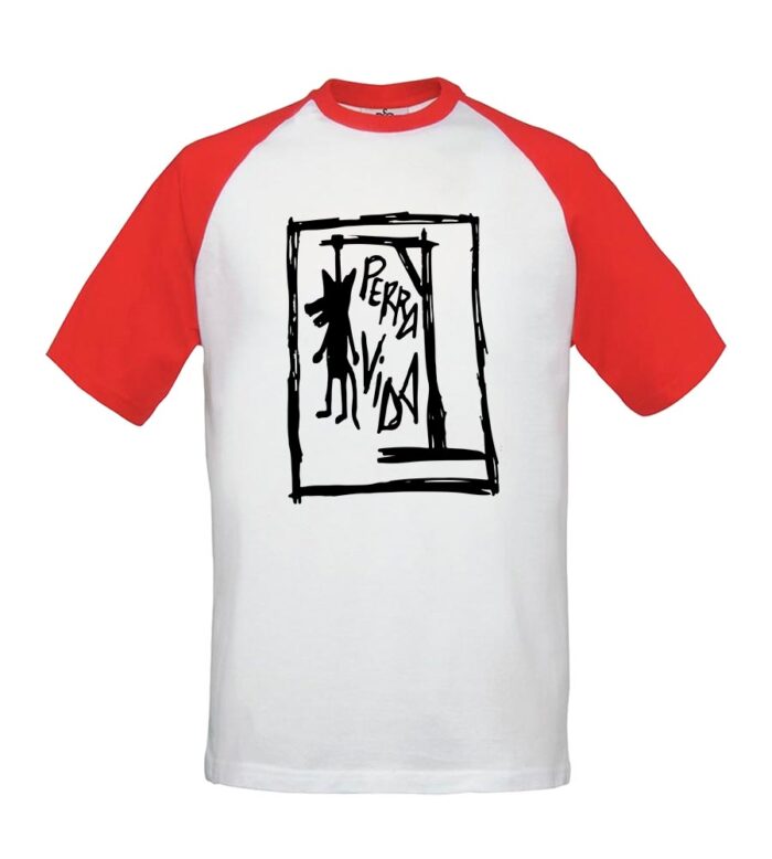 Camiseta beisbolera - Perra Vida - Dibujo en negro - Blanca con mangas rojas