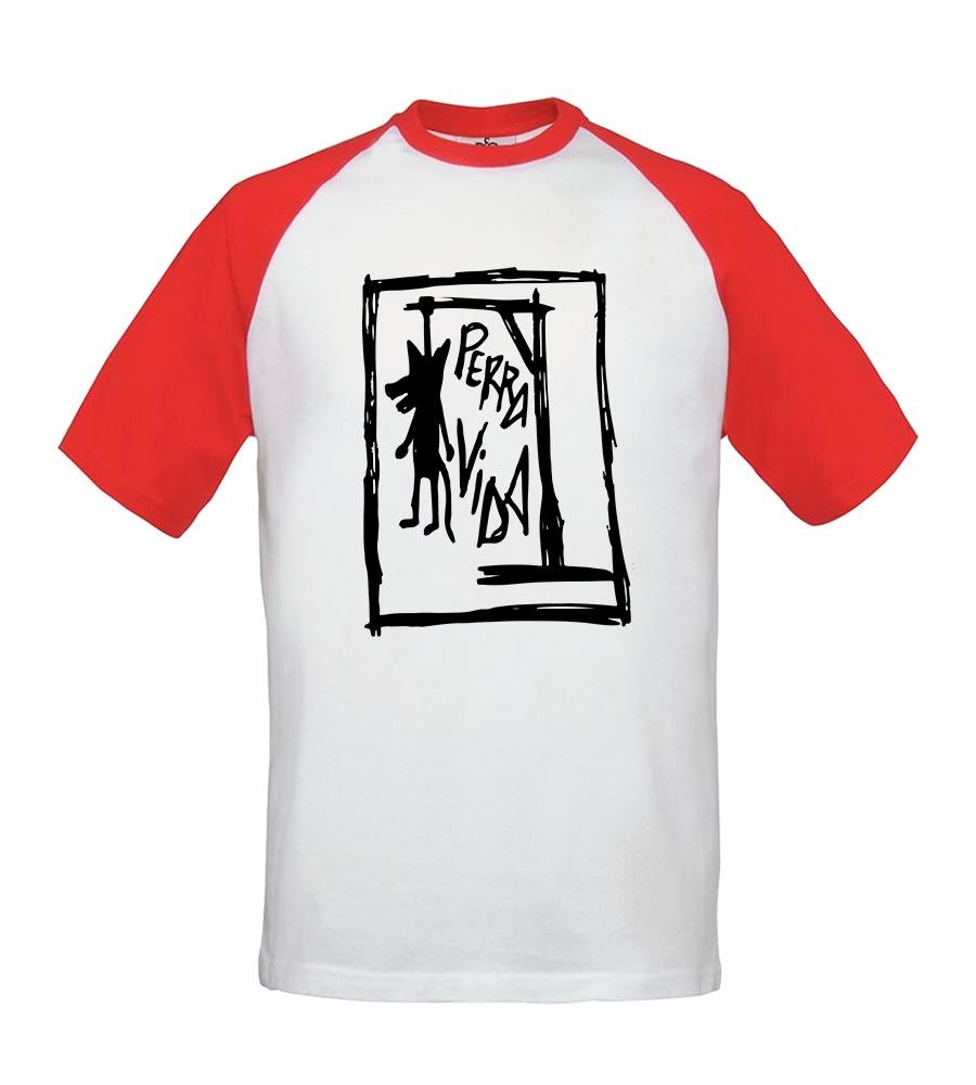 Camiseta beisbolera - Perra Vida - Dibujo en negro - Blanca con mangas rojas
