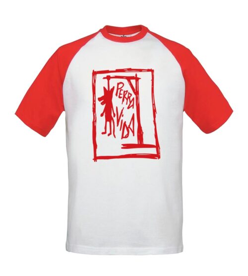 Camiseta beisbolera - Perra Vida - Dibujo en rojo - Blanca con mangas rojas