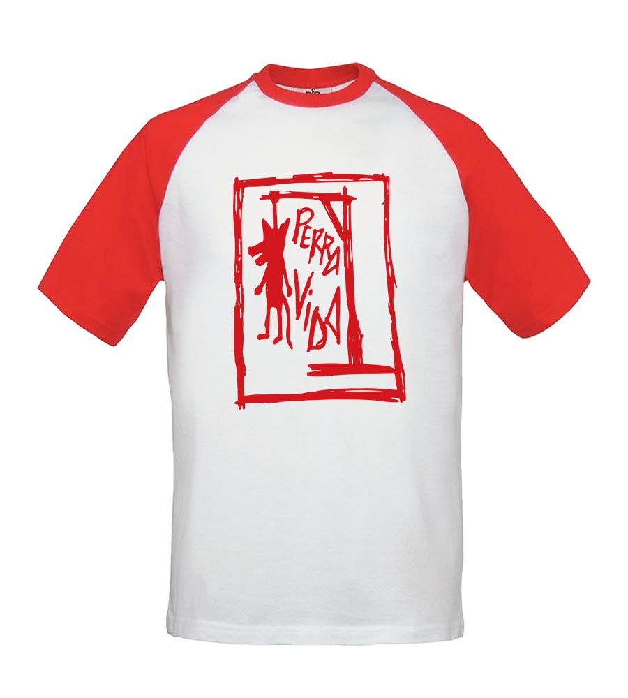 Camiseta beisbolera - Perra Vida - Dibujo en rojo - Blanca con mangas rojas